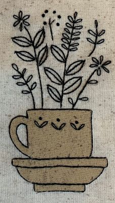 Kathy Schmitz Embroidery, Coffee Embroidery Patterns Free, Embroidery Coffee Patterns, Calico Gardens Embroidery, Artsy Embroidery, Opus Anglicanum, Shabby Chic Embroidery, Kathy Schmitz, Wallhanging Patterns