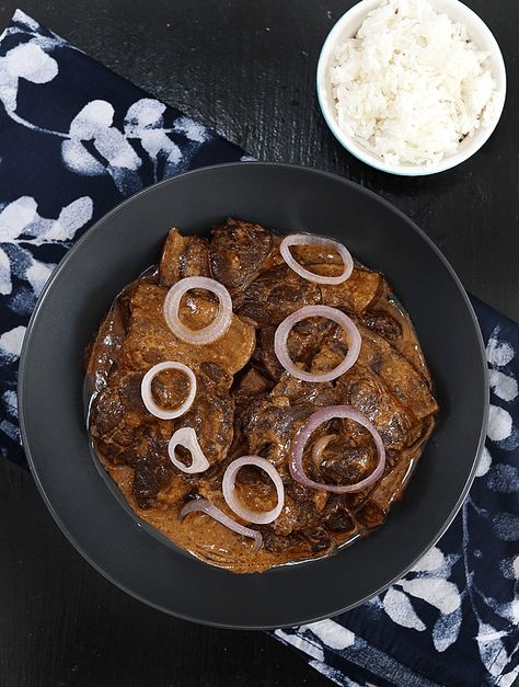 Creamy Pork Steak  ( Creamy Bistek Tagalog) Steak Menu, Pork Steak Recipe, Pork Steaks, Chicken Sauce Recipes, Soy Sauce Chicken, Peach Kitchen, Ground Beef Pasta, Beef Pasta, Pork Steak