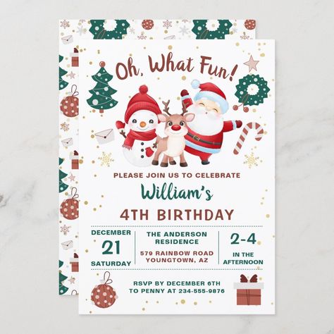 Christmas Santa Deer Snowman Holiday Birthday Invitation 3rd Birthday Party For Boy, Christmas Birthday Invitations, Winter Wonderland Birthday Party, Holiday Birthday Party, Winter Wonderland Birthday, Oh What Fun, Kids Christmas Party, Christmas Birthday Party, Christmas Stationery