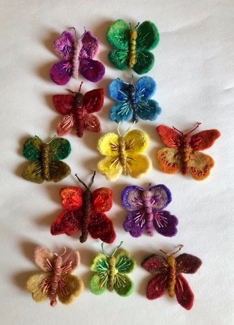 felted butterflies from scraps of wool! Felted Butterfly, Colourful Butterfly, Insect Brooch, Butterfly Insect, Waldorf Crafts, Needle Felting Diy, Felted Wool Crafts, Felt Beads, Needle Felting Tutorials