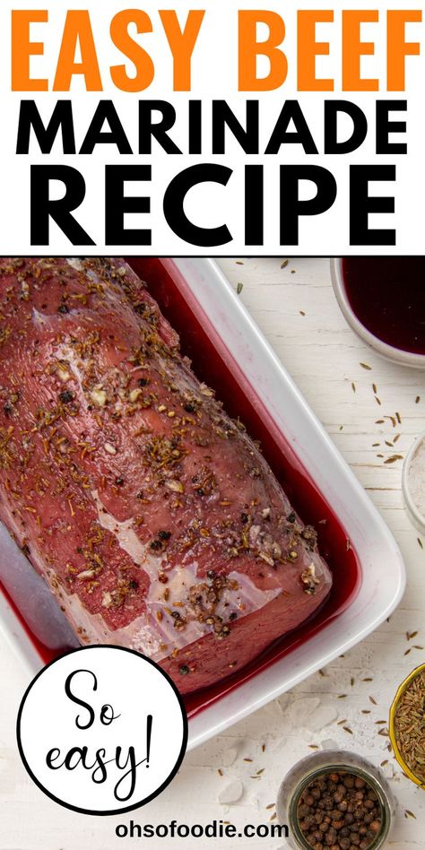 Text reads Easy Beef Marinade Recipe Best Beef Marinade, Beef Roast Marinade Recipes, Beef Marinade Recipe, Roast Marinade, Marinade For Beef, Boiled Beef, Shrimp Marinade, Salmon Marinade, Pork Marinade