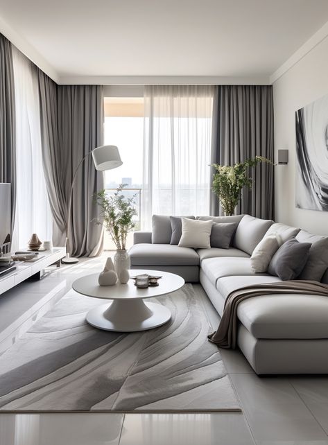 Living Room Grey Decor Ideas, L Shape Sofa Living Room Cozy, Living Room Gray And White, Comfy Cozy Living Room, White Sitting Room, Modern Glam Living Room, Small Room Makeover, Dining Room Design Luxury, Black Living Room Decor