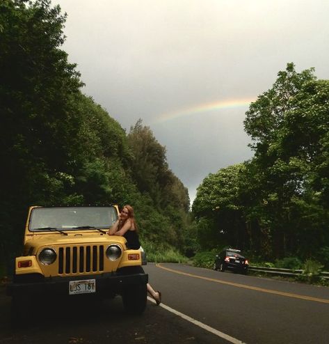 Yellow Jeep Wrangler  Rainbow  Hawaii  Picture ideas Yellow Jeep Aesthetic, Hawaii Picture Ideas, Old Jeep Wrangler, Yellow Soul, Yellow Jeep Wrangler, Two Door Jeep Wrangler, Yellow Jeep, Trip Aesthetic, Hawaii Pictures