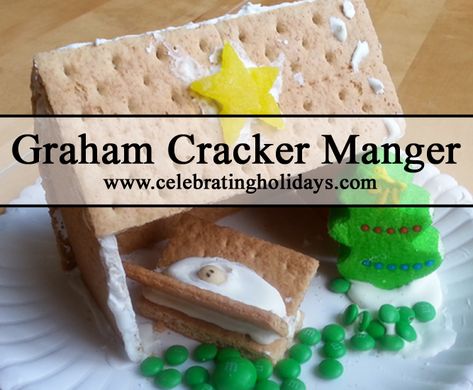 Graham Cracker Manger and Stable Graham Cracker Manger Scene, Nativity Graham Cracker House, Graham Cracker Nativity Scene, Kidsmas Party, Nativity Gingerbread, Bethlehem Dinner, Graham Cracker Gingerbread Houses, Gingerbread Nativity, Jesus Birthday Cake