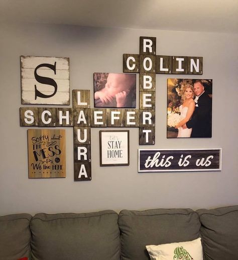 Living Room - Wall behind couch Scrabble Wall Decor, Scrabble Tile Wall Art, Photowall Ideas, Scrabble Wall Art, Scrabble Wall, Family Room Walls, Family Wall Decor, Tile Wall Art, Family Wall