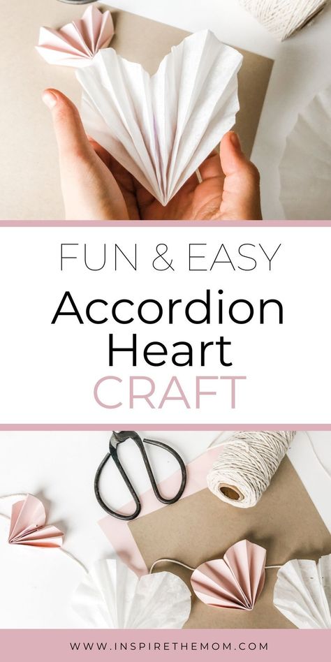 Learn how to make this adorable accordion heart craft with your kids. It's easy and fun and you probably already have all the materials on hand! #accordion heart craft #accordion hearts #heart craft #valentines day craft #mothers day craft #heart garland #heart diy #valentines craft Homeschool Worksheets, Accordion Fold, Preschool Resources, Gift Toppers, Paper Heart, Heart Crafts, Heart Ornament, Colored Paper, Fun Easy