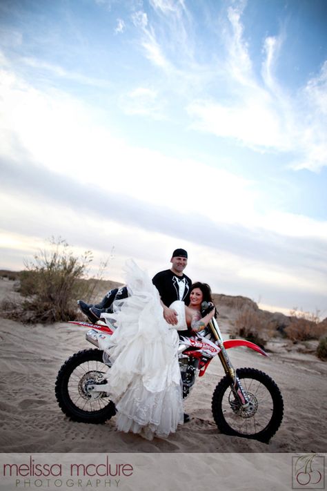 Melissa McClure Photography San Diego and Destination Wedding Blog » Trash the Dress – Desert Style! Part 2 of 2  I LOVE this!! Motocross Wedding, Dirt Bike Wedding, Dirt Bike Tattoo, Bike Tattoo, Bike Wedding, Bike Photography, Desert Fashion, Boxing Day, Wedding Pics