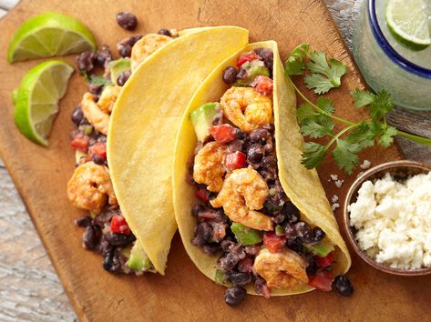 Shrimp and Black Bean Salsa Tacos | S&W Beans Recipe Shrimp Tacos With Lettuce, Shrimp Taco Seasoning, Oven Fried Fish, Bbq Beans, Black Bean Salsa, Bean Salsa, Taco Ingredients, Hispanic Food, Beans Recipe