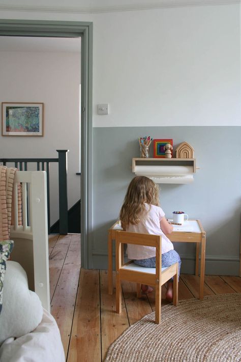 How to do a half-painted wall for a child’s bedroom – Apartment Apothecary Painting Halfway Up The Wall, Lower Half Wall Painted, Half Wall Wallpaper Nursery, Half Way Painted Wall Bedroom, Paint 3/4 Wall, Half Wall Painted Nursery, Partially Painted Wall, Half Height Painted Walls, Half Painted Wall With Trim