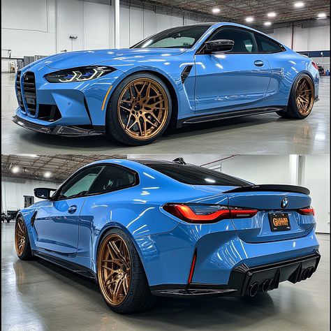 BMW M4 2022 Sky Blue 🔵🚀💨 Aggressive front grille, gold rims, sleek coupe body. Ultimate driving machine. BMW's M division celebrates 50 years in 2022. G80 M4 boasts 503hp twin-turbo inline-6.  Hashtags below 👇  #BMWM4 #G80M4 #UltimateDrivingMachine #BMWPerformance #CarEnthusiast Bmw M4 Coupe, Bmw Performance, Top Luxury Cars, Bmw Motorcycles, Bmw M4, Audi Cars, Car Enthusiast, Bmw Cars, Twin Turbo