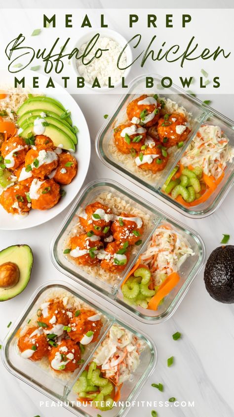 Buffalo Chicken Meatball Bowls Meal Prep Buffalo Chicken, Chicken Meatball Bowls, Ranch Slaw, Chicken Bowls Healthy, Meatball Bowls, 1800 Calorie Meal Plan, Chicken Meatballs Healthy, Spicy Buffalo Chicken, Meal Prep Lunch