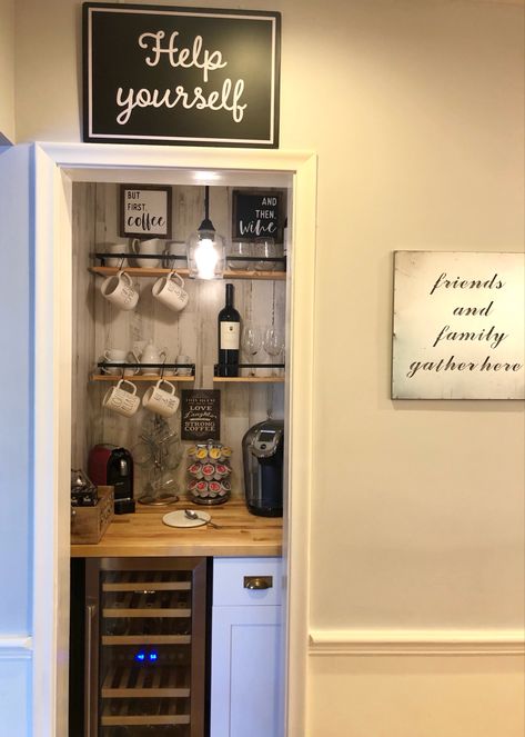 Turn an unused junk closet into a functional coffee/wine bar Kitchen Closet Coffee Bar, Closet Into Wine Bar, Coffee Nook In Closet, Coffee Bar Ideas In Closet, Pantry Closet Coffee Bar, Coffee Station In Pantry Closet, Wine And Coffee Bar Closet, Pantry Converted To Coffee Bar, Closet Coffee Station