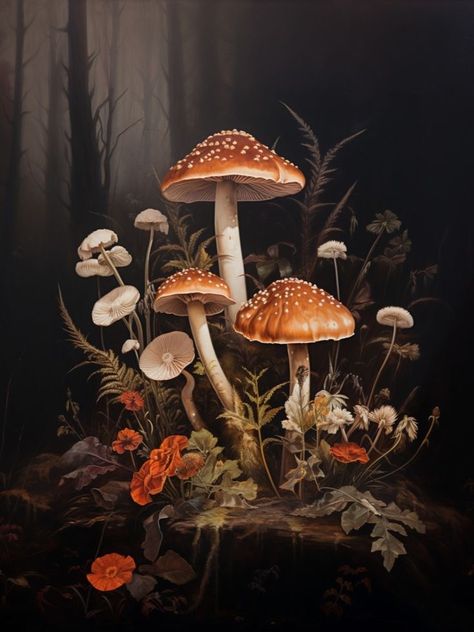 Dark Cottagecore Mushroom, Art Inspiration Mushroom, Dark Cottagecore Prints, Dark Cottagecore Paintings, Dark Cottagecore Artwork, Dark Cottagecore Drawing, Dark Mushroom Painting, Cottagecore Mushroom Wallpaper, Mushroom Pictures Art