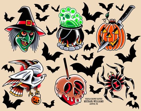 Traditional Halloween Tattoo, Traditional Tattoo Halloween, Halloween Tattoo Flash, Dollar Tattoo, Traditional Eagle Tattoo, Traditional Tattoo Flash Sheets, Tato Flash, Tato Tradisional, Zombie Tattoos