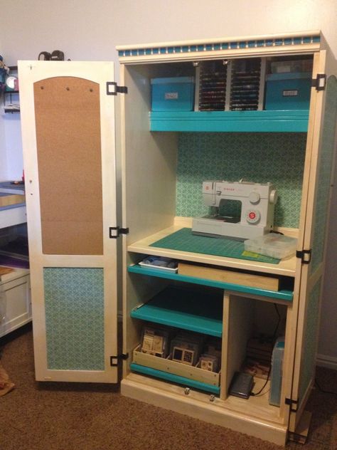 Sewing Cabinet repurposed from a computer armoire. Paint https://www.homedepot.com Fabric lining  https://amp.joann.com/ Hardware https://www.amazon.com Armoire Repurpose, Craft Armoire, Craft Storage Cabinets, Computer Armoire, Armoire Makeover, Craft Cupboard, Sewing Machine Cabinet, Craft Cabinet, Sewing Cabinet