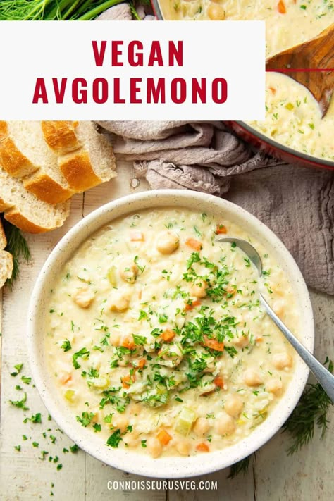 Vegan Avgolemono, Greek Goodness, Current Recipes, Vegan Mediterranean, Vegan Greek, Mediterranean Food, Vegan Soups, Vegan Comfort Food, Vegetarian Soup