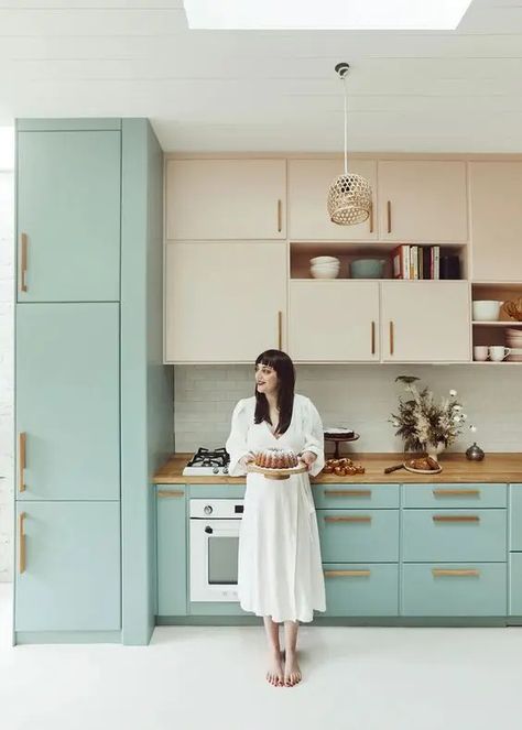 a catchy two tone kitchen with stained and mint blue cabinets, butcherblock countertops and brass handles Athena Kitchen, Mint Kitchen Decor, Butcherblock Countertops, Kitchen Makeover Ideas, Mint Green Kitchen, Mint Kitchen, 2022 Bedroom, Bed Threads, Pastel Kitchen