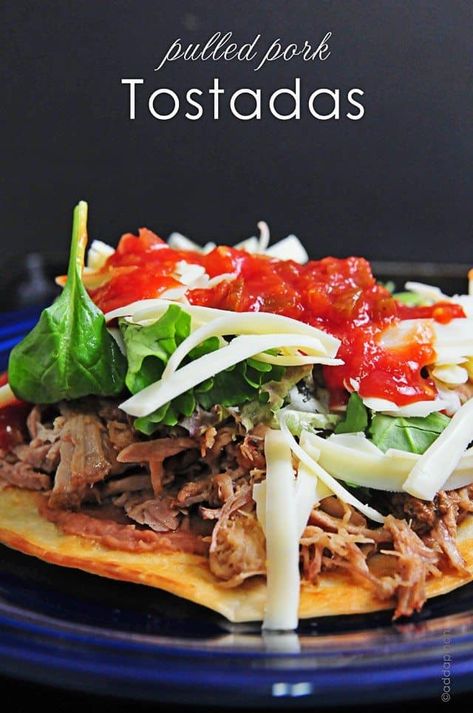 Pulled Pork Tostadas Recipe, Pulled Pork Tostadas, Pork Tostadas, Friday Meals, Tostadas Recipe, Pork Dinners, Tostada Recipes, Spicy Guacamole, Taco Shop