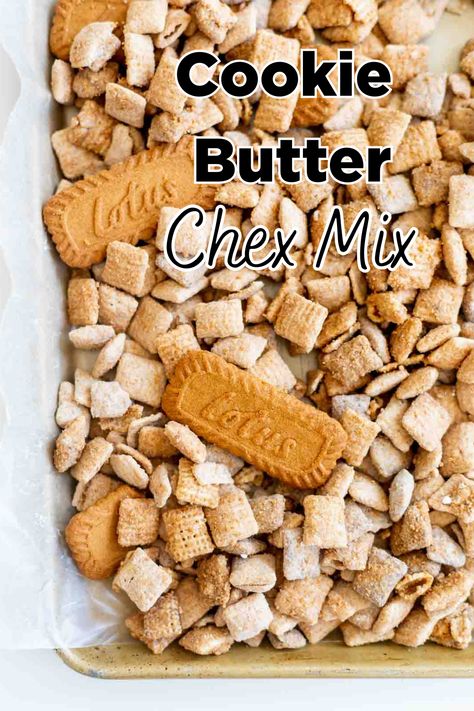 Biscoff Cookie Butter Chex Mix (Muddy Buddy Snack) is a sweet treat made without baking! Grab a few simple ingredients and make a batch of these Cookie Butter Muddy Buddies in no time! Chex Mix Muddy Buddies, Sweet Chex Mix, Sweet Chex, Puppy Chow Recipe, Puppy Chow Chex Mix Recipe, Chex Mix Puppy Chow, Chow Recipe, Chocolate Chex, Muddy Buddy