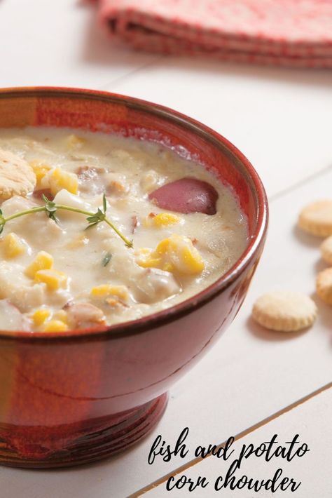 Hearty potatoes and corn meld with flaky fish in this filling, tasty chowder. Potato And Corn Chowder, Potatoes And Corn, Fish Stew Recipes, Potato Corn Chowder, Fish Chowder, Bacon Potato, Fish Stew, Corn Soup, Corn Chowder