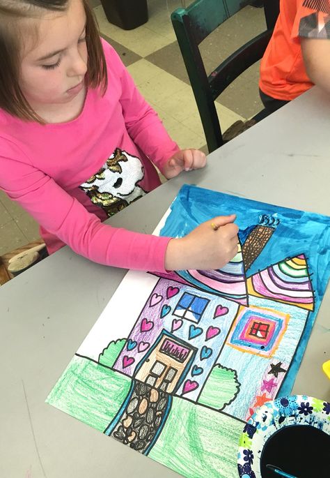 1st Grade “Dream Houses” – Art with Mrs Filmore Kindergarten House Art, The Big Orange Splot, 1st Grade Art Lessons, 1st Grade Art, Houses Art, First Grade Art, Tempera Painting, Jr Art, Liquid Watercolor