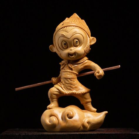 Sun Wukong Statue - Monkey King Cloud Wood Carving Figurine, Folklore Inspired Home Decoration Collectible by CCZHIDAO on Etsy Warrior Statue, Chinese Folklore, The Monkey King, Handsome Monkey King, Ceramic Frogs, Chinese Mythology, Wooden Comb, Decorated Flower Pots, Sun Wukong