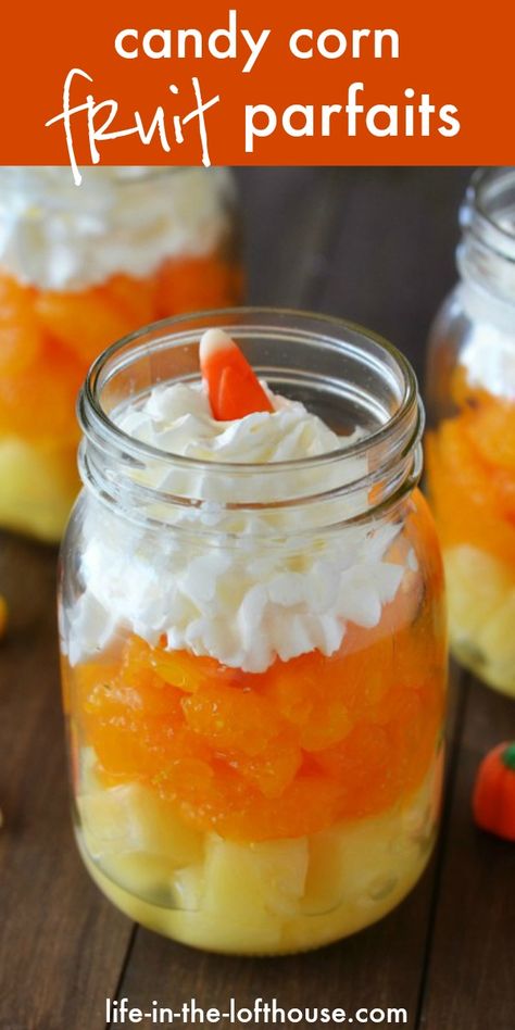 Candy Corn Fruit Parfaits - Life In The Lofthouse Candy Corn Fruit Parfait, Fruit Parfaits, Life In The Lofthouse, Healthy Halloween Food, Healthy Halloween Treats, Birthday Snacks, Healthy Halloween Snacks, Fruit Parfait, Halloween Party Snacks