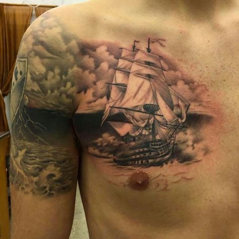 Ship Tattoo Design, Viking Ship Tattoo, Ship Tattoos, Pirate Ship Tattoos, Nautical Tattoo Sleeve, Pirate Ship Tattoo, Navy Tattoos, Balloon Tattoo, Pirate Tattoo