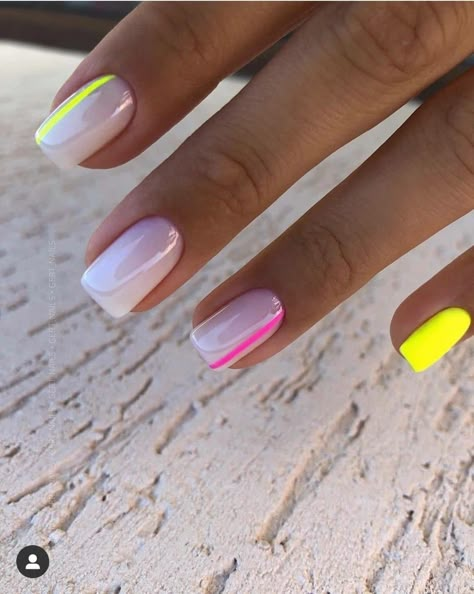 Neon Geometric Nails, Trendy Summer Nails 2024 Square, White And Neon Nails, Summer Classy Nails, Unghie Sfumate, November Nails, Colorful Nails, Short Square Acrylic Nails, Short Acrylic Nails Designs