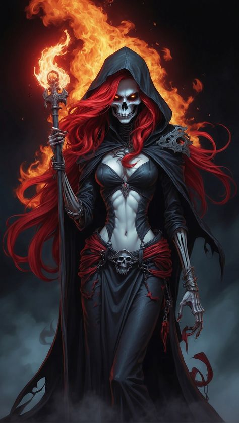 Reaper on FYRE 🔥 Reaper Tattoo Women, Reaper Woman, Grim Reaper Oc, Red Grim Reaper, Female Reaper, Female Grim Reaper, Horror Artwork, Gothic Fantasy Art, Halloween Artwork