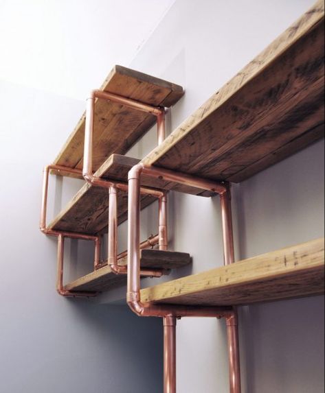 Copper Shelving, Copper Furniture, Wood Shelving, Shelving Design, Copper Diy, Pipe Furniture, Pipe Shelves, Steps Design, Design Websites