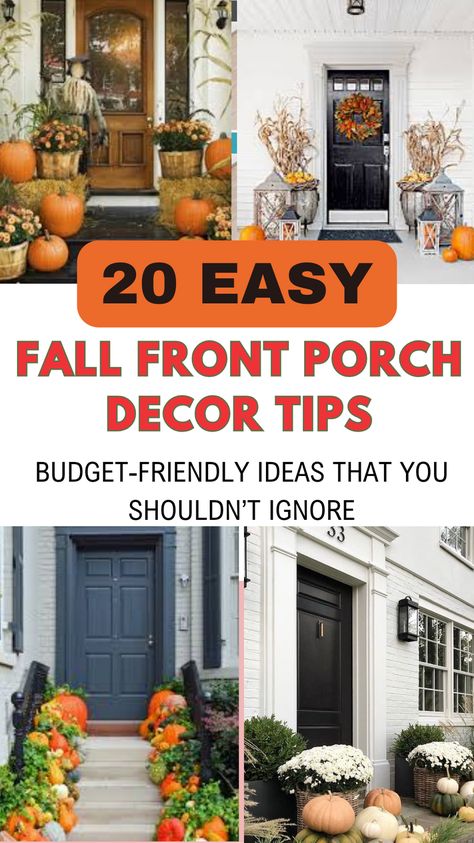 Transform your home with these 20 beautiful outdoor fall front porch decor ideas to welcome autumn! From cozy color palettes, pumpkins, mums, planters, wreath, cart, candles, lanterns  these stunning fall porch decorations will create a warm and inviting entrance. Perfect for adding seasonal charm and curb appeal, these ideas are a must-see for anyone looking to embrace the beauty of fall. Click to explore the best fall front porch decor ideas for a welcoming autumn vibe! Fall Porch Decor No Steps, Fall And Winter Front Porch Decor, Fall Decorations Porch Farmhouse, Fall Outdoor Entrance Decor Ideas, Front Entrance Fall Decorating Ideas, Small Stoop Fall Decorating Ideas, Narrow Porch Fall Decor, Fall Porch Decor Simple, Fall Exterior Decor Front Porches