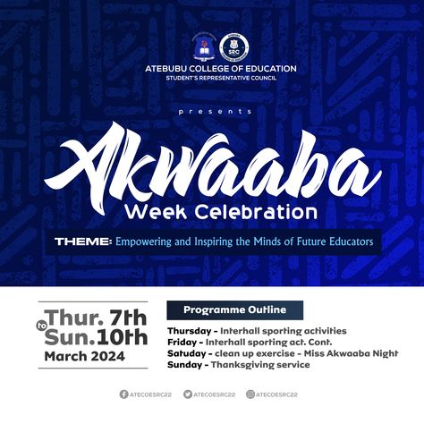 Akwaaba week celebration flyer designed by Oppomence graphics, contact us on +233 247369275 Week Celebration Flyer, Thanksgiving Service, Flyer Design Layout, Graphic Design Course, Food Menu Design, Flyer And Poster Design, Social Media Design Inspiration, Design Posters, Design Course