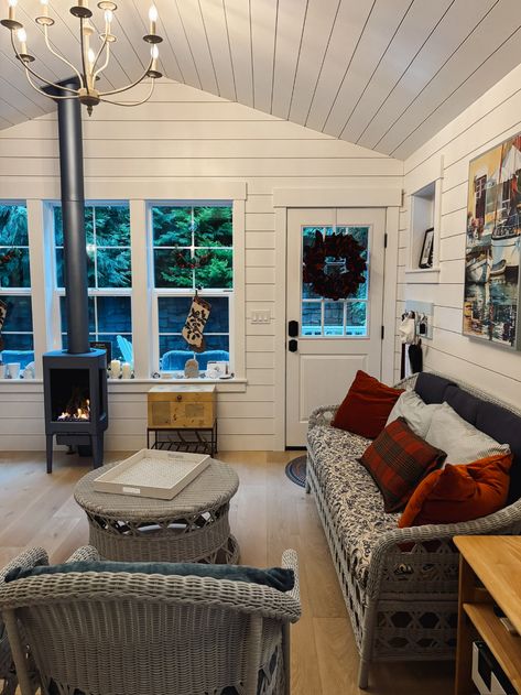 The 400 Square Foot Tiny Cottage Tour at Christmas! - The Inspired Room Tiny Cottage Interior, Cottage Addition, Cottages Interiors, Cottage Tour, Blue Subway Tile, Fire Places, Garage Apartments, Tiny Cottage, Cottage Interior