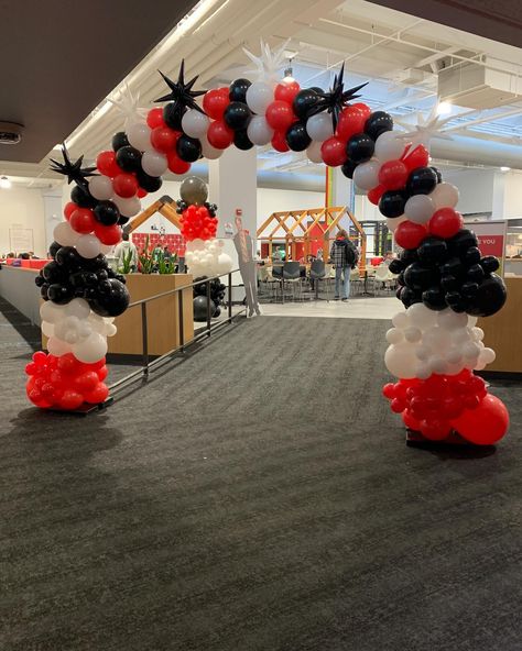 Balloon arch is on point! 😊 Red White And Black Balloon Arch, Black And White Balloons, Black Balloon, Black Balloons, Balloon Backdrop, Balloon Columns, White Balloons, Floral Arch, 8th Grade