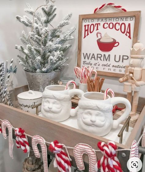 Peppermint Christmas Kitchen, Christmas Hot Cocoa Bar Decor, Candy Cane Christmas Decorations, Peppermint Christmas Decorations, Hot Cocoa Bar Christmas, Xmas Kitchen, Christmas Hot Chocolate Bar, Coco Bar, Christmas Hosting