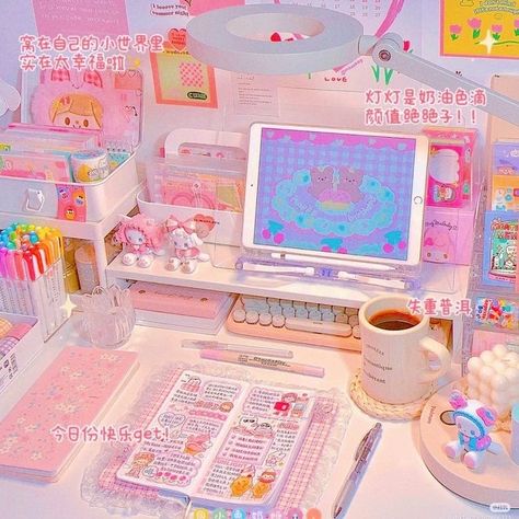 Kawaii Study Room, Kawaii Study Desk, Kawaii Aesthetic Room, Kawaii Bedroom Decor, Room Decor Kawaii, Kawaii Rooms, Kawaii Room Ideas, Soft Kidcore, Kawaii Bedroom