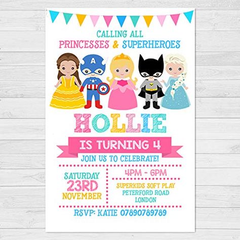 Superhero Birthday Party Invitations, Combined Birthday Parties, Princess Party Invitations, Birthday Background Design, Twin Birthday Parties, Disney Princess Birthday Party, 5th Birthday Party Ideas, Happy Birthday Bunting, Princess Invitations