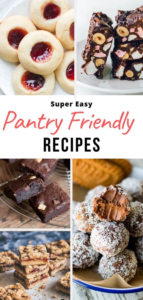 Easy Freezer + Pantry Friendly Recipes made from simple pantry ingredients - easy to make with kids - sweet treats, cakes and muffins along with cookie recipes that are easy to clean up and simple to make #quarantinebaking #pantryrecipes #easyrecipes #easydessert #quarantinecooking Mini Desserts Easy Quick Sweet Treats, Pantry Baking Recipes, Baked Goods That Last Long, Long Lasting Baked Goods, Desserts With Ingredients At Home, Easy Pantry Staple Dessert, Pantry Ingredient Desserts, Easy Home Made Dessert, Pretty Desserts Easy