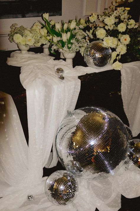 Styled by For Love & Living Wedding Disco Ball Decor, Disco Balls Wedding, Disco Wedding Reception, Disco Ball Decorations, Wedding Dance Floor, Dance Floor Wedding, Summer Garden Wedding, The Art Of Storytelling, Disco Balls