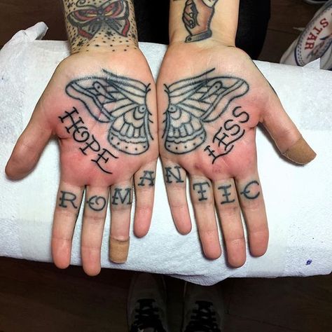 Hopeless Romantic Tattoo, Hand Palm Tattoos, Hand Tattoo Images, Palm Tattoo, Dark Tattoos, Romantic Tattoo, Ink Therapy, Knuckle Tattoos, Palm Tattoos