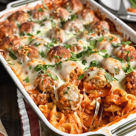 Easy dump and bake meatball casserole recipe with pasta, marinara sauce, and cheese. Perfect for busy weeknights. Meatball Casserole With Frozen Meatballs, Baked Pasta With Meatballs, Dump And Bake Meatball Casserole, Meatballs Casserole, Oven Meatballs, Meatball Pasta Bake, Meatball Casserole Recipe, Dump And Bake, Pasta Marinara