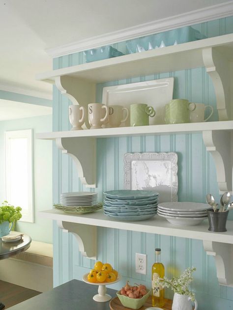 Blue Beadboard, Diy Kitchens, Cottage Style Kitchen, Mdf Panel, House Of Turquoise, Open Kitchen Shelves, Cottage Style Decor, Diy Casa, Cottage Kitchens