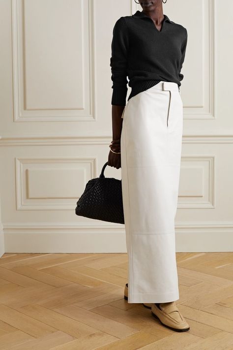 Cashmere Polo Sweater, Long White Skirt, Cashmere Polo, Black And White Outfit, Long Skirt Fashion, Tailored Clothes, Polo Sweater, White Skirt, Mode Inspo