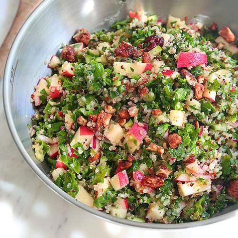 Autumn Apple Quinoa and Kale Salad. Kale And Apple Salad Recipes, Quinoa And Kale Salad, Healthy Elizabeth, Kale Apple Salad, Apple Quinoa, Pumpkin Cornbread, Braised Greens, Quinoa Kale, Kale Quinoa Salad