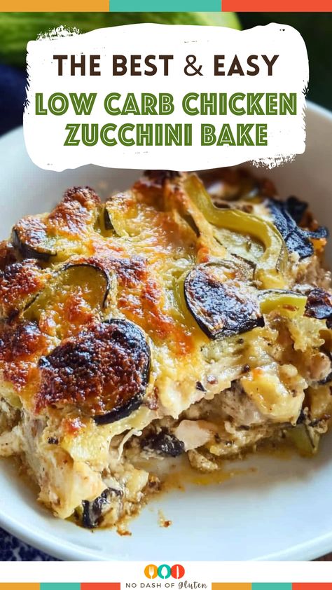 Looking for a delicious low-carb dinner? Try this Low Carb Chicken Zucchini Bake! With tender chicken, zucchini, mushrooms, and a cheesy topping, it's comfort food without the carbs. Easy to make and perfect for a family meal. Pin now and enjoy later! Low Carb Chicken Zucchini Bake, Low Carb Keto Dinner Ideas Easy, Chicken Zucchini Slow Cooker Recipes, Easy High Protein Low Carb Recipes, Chicken And Zucchini Recipes Healthy, Chicken With Zucchini Recipes, Low Carb Skillet Meals, Chicken Squash And Zucchini Recipes, Low Carb Chicken Meals