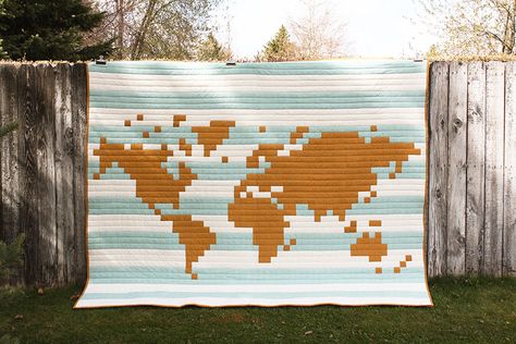 Pixelated World Map Quilt - yellow spool World Map Quilt, Map Quilt Pattern, Pixel Quilting, Map Quilt, Man Quilt, Diy Quilt, Quilted Pillow, Crafty Diy, Quilting Crafts