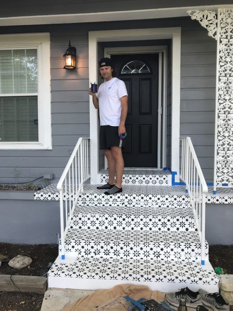 Stenciled Front Steps, Paint Cement Steps, Cement Steps Makeover, Painted Cement Steps, Painting Cement Steps, Cement Front Steps Makeover, Cement Stairs Makeover, Tiled Front Door Step, Front Steps Makeover