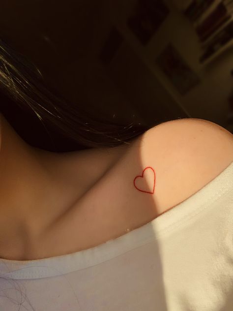 Red Only Tattoo, Heart Tattoo Over Heart, Red Heart Tattoo On Shoulder, Red Heart Shoulder Tattoo, Heart On Shoulder Tattoo, Red Heart Tattoo On Chest, Red Ink Heart Tattoo, Heart Tattoo On Shoulder, Heart Back Tattoo