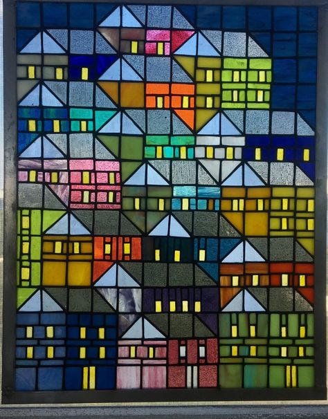 Stained Glass City Scape, Stained Glass Houses Buildings, Stained Glass Rectangle, Stained Glass Craft, Glass City, Stained Glass Studio, Stained Glass Quilt, Modern Stained Glass, Glass Building